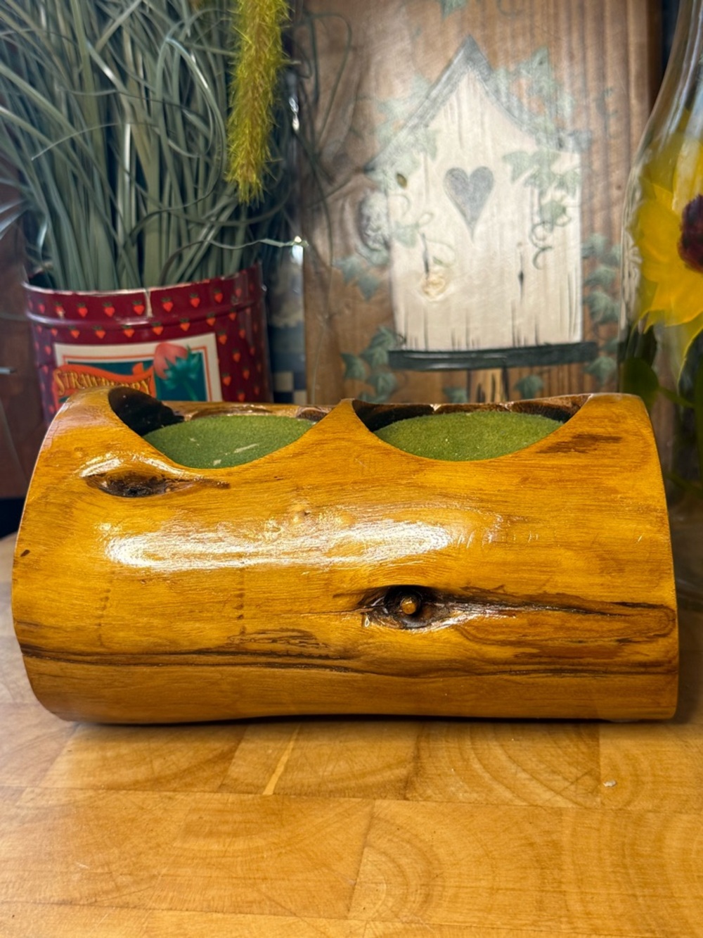 Hand-Carved Arizona Ash Wood Double Planter Rustic Log Vase Decor